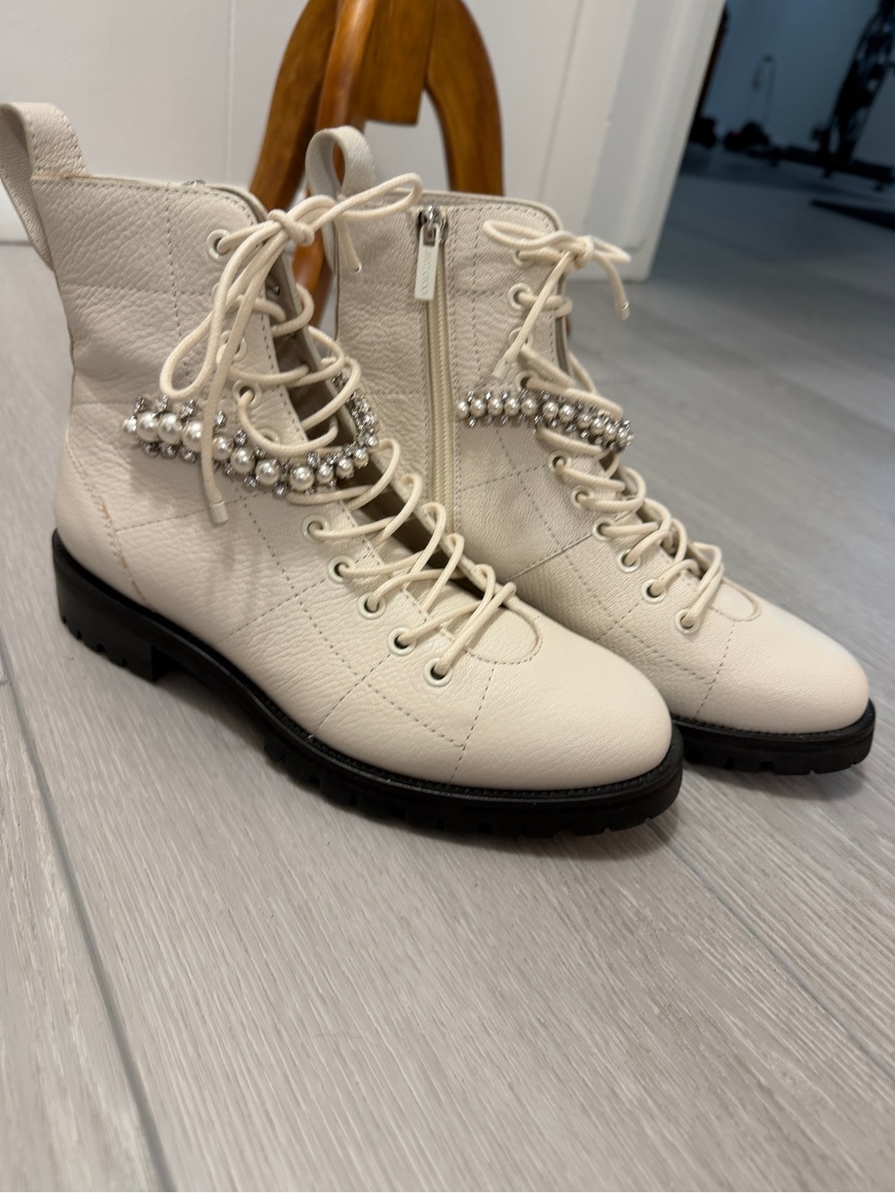 New and Never Worn Jimmy Choo Cruz Cream Lace-Up Pearl Combat Boot Size 37